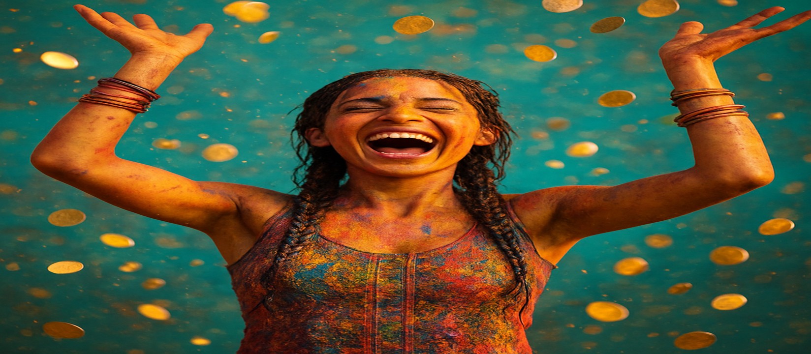 bdkk-র মুদ্রার ঝরনার মাঝে রঙিন পোশাকে এক নারী